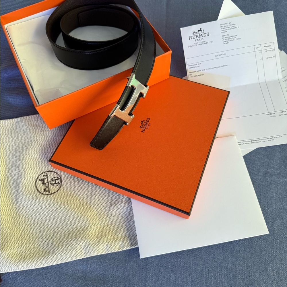 Authentic Hermes Black Leather Reversible Belt with Silver Buckle